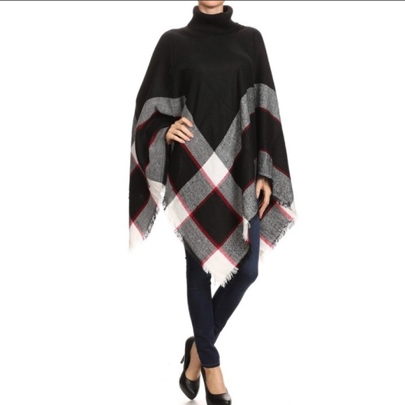 Turtleneck Plaid Poncho - Picture 5 of 7